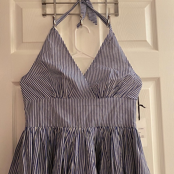 Unique Vintage Blue and White Striped Halter Dress with Embroidered Eyelet Trim - Picture 2 of 13